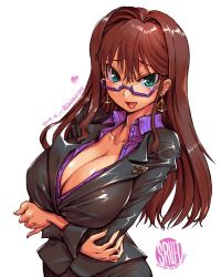 Rule 34 | 1girl, amania orz, breasts, brown hair, cleavage, collarbone, earrings, formal, glasses, green eyes, jewelry, large breasts, long hair, long sleeves, looking at viewer, mole, mole under mouth, solo, suit, super robot wars, super robot wars t