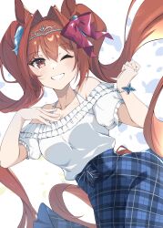 Rule 34 | 1girl, absurdres, animal ears, bare shoulders, blue skirt, blush, bow, breasts, brown eyes, brown hair, casual, collarbone, commentary request, daiwa scarlet (umamusume), dutch angle, hair bow, hair intakes, hand on own chest, highres, horse ears, horse girl, horse tail, looking at viewer, off-shoulder shirt, off shoulder, official alternate costume, shikaya, shirt, short sleeves, skirt, smile, solo, tail, tiara, twintails, umamusume