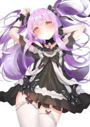 Rule 34 | 1girl, absurdres, arm behind back, bar censor, black dress, blush, brooch, censored, closed mouth, collarbone, cowboy shot, crossed legs, detached collar, dress, earrings, frilled dress, frilled straps, frilled thighhighs, frills, garter straps, gothic lolita, highres, hololive, jewelry, lolita fashion, looking at viewer, looking down, lying, off-shoulder dress, off shoulder, on back, red eyes, see-through, see-through sleeves, short dress, short sleeves, sidelocks, simple background, skull earrings, solo, thighhighs, uruha rushia, uruha rushia (3rd costume), virtual youtuber, white background, white garter straps, white thighhighs, wristband, yakurope-moko