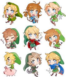 Rule 34 | 1boy, 2girls, arrow (projectile), bashikou, belt, blonde hair, blue eyes, boots, bow (weapon), braid, brown footwear, brown gloves, cape, closed mouth, collared shirt, earrings, fingerless gloves, gloves, green shirt, hat, holding, holding sword, holding weapon, hood, hyrule warriors, jewelry, link, linkle, lips, long hair, multiple boys, multiple girls, nintendo, pants, pig, pointy ears, ponytail, puffy short sleeves, puffy sleeves, quiver, shield, shirt, short sleeves, shorts, shorts under skirt, skirt, smile, sword, the legend of zelda, the legend of zelda: a link between worlds, the legend of zelda: breath of the wild, the legend of zelda: ocarina of time, the legend of zelda: skyward sword, the legend of zelda: the wind waker, triforce, tunic, twin braids, weapon, white background, white pants