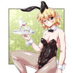 Rule 34 | 1girl, :&lt;, animal ears, bad id, bad pixiv id, blonde hair, blush, bow, bowtie, breasts, rabbit ears, rabbit tail, cleavage, detached collar, drink, fishnet pantyhose, fishnets, green eyes, mizuhashi parsee, one eye closed, ootsuki wataru, pantyhose, playboy bunny, pointy ears, short hair, solo, tail, touhou, tray, waitress, wrist cuffs