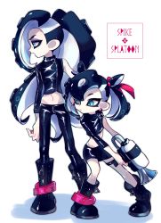 Rule 34 | 1boy, 1girl, asymmetrical bangs, asymmetrical sleeves, black hair, black shirt, blouse, boots, brother and sister, cephalopod eyes, copyright name, creatures (company), game freak, green eyes, hair over one eye, highres, latex, long hair, makeup, marnie (pokemon), midriff, miniskirt, multicolored hair, nintendo, octoling, octoling player character, octoshot (splatoon), oyaji pk, pants, pencil skirt, piers (pokemon), pokemon, pokemon swsh, shirt, siblings, single sleeve, skirt, splatoon (series), splatoon 2, splatoon 2: octo expansion, suction cups, tentacle hair, two-tone hair, uneven sleeves, weapon