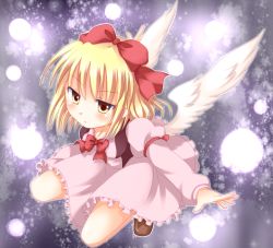 Rule 34 | 1girl, angel wings, blonde hair, bow, danmaku, demon, dress, female focus, fuyoyo, gengetsu (touhou), hair bow, lotus land story, outstretched arms, red bow, short hair, solo, squatting, touhou, touhou (pc-98), wings, yellow eyes