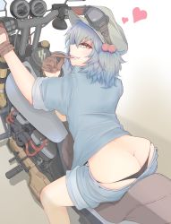 Rule 34 | 1girl, :d, ass, black panties, blue eyes, blue hair, brown gloves, butt crack, clothes pull, cube85, denim, denim jacket, denim shorts, gloves, goggles, goggles on headwear, grey headwear, grin, heart, highres, jacket, kawashiro nitori, leaning forward, motor vehicle, motorcycle, open clothes, open jacket, open mouth, panties, revision, short hair, short sleeves, shorts, shorts pull, smile, solo, touhou, two side up, underwear
