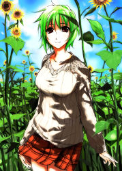 Rule 34 | 1girl, adapted costume, bad id, bad pixiv id, breasts, cloud, contemporary, day, female focus, field, flower, flower field, funeral (artist), green hair, highres, kazami yuuka, large breasts, nature, plaid, plaid skirt, red eyes, short hair, skirt, sky, smile, solo, sumisi, sunflower, sunflower field, sweater, touhou