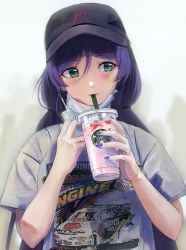 Rule 34 | 1girl, absurdres, alternate costume, baseball cap, blush, cup, disposable cup, drinking straw, green eyes, grey background, grey shirt, hat, highres, long hair, looking to the side, love live!, mask pull, nail polish, proton06, purple hair, purple nails, shirt, starbucks, tojo nozomi, upper body