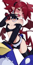 Rule 34 | 1girl, absurdres, bat wings, black gloves, boots, demon girl, demon tail, demon wings, disgaea, earrings, elbow gloves, etna (disgaea), flat chest, gloves, highres, jewelry, laze, looking at viewer, makai senki disgaea, mini wings, naughty face, open mouth, pelvic curtain, pointy ears, prinny, red eyes, red hair, skull, skull earrings, smile, solo, tail, thigh boots, thighhighs, wings