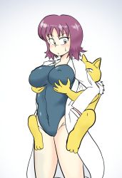 Rule 34 | 1girl, blue background, blush, breasts, brown eyes, cameltoe, cleavage, creatures (company), game freak, gen 1 pokemon, grabbing, grabbing another&#039;s breast, grabbing from behind, hands on own hips, hetero, highres, hypno, lab coat, large breasts, leg lock, looking at another, looking back, navel, nintendo, nipples, one-piece swimsuit, philena ivy, pokemon, pokemon (anime), pokemon (classic anime), pokemon (creature), purple hair, shiny skin, simple background, standing, strapless, strapless one-piece swimsuit, sugar (zucker), surprised, sweat, swimsuit, wide hips