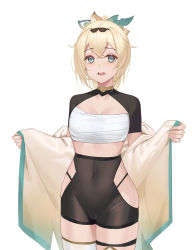 Rule 34 | 1girl, absurdres, bad id, bad pixiv id, blonde hair, blush, breasts, cameltoe, chest sarashi, choker, cleavage, covered navel, cowboy shot, green eyes, groin, hair ornament, hairband, highres, hololive, holox, japanese clothes, jmao, kazama iroha, kimono, looking at viewer, medium breasts, medium hair, open clothes, open kimono, open mouth, ponytail, sarashi, shrug (clothing), simple background, solo, teeth, thighhighs, upper teeth only, virtual youtuber, white background