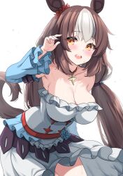 Rule 34 | 1girl, animal ears, arm up, armpits, bare shoulders, blue dress, blush, breasts, brown eyes, brown hair, cleavage, commentary request, detached sleeves, dress, ear ornament, flower, frilled dress, frills, hair between eyes, hair ornament, highres, horse ears, horse girl, horse tail, kibihimi, large breasts, looking at viewer, low twintails, multicolored hair, off-shoulder dress, off shoulder, open mouth, pendant choker, sash, simple background, solo, streaked hair, sweat, tail, twintails, umamusume, white background, white hair, yamanin zephyr (umamusume)