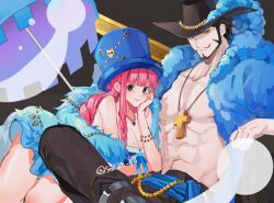 Rule 34 | 1boy, 1girl, alternate costume, bad id, bad twitter id, beard, black background, black eyes, blue coat, blue sash, blunt bangs, bracelet, braid, coat, commentary request, cross pendant, dracule mihawk, eyelashes, facial hair, feather coat, ghost, hat, hat feather, jewelry, joman, korean commentary, long hair, looking at viewer, mustache, necklace, one piece, perona, pink hair, sash, short hair, sideburns, simple background, smile, umbrella, yellow eyes