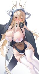 Rule 34 | 1girl, 2080167236, absurdres, azur lane, breasts, cleavage, covered erect nipples, cum, cum in mouth, cum on body, cum on breasts, cum on upper body, cumdrip, fellatio gesture, highres, implacable (azur lane), large breasts, long hair, looking at viewer, nun, solo, thighhighs, thighs, wide hips