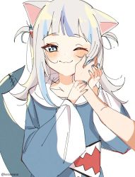 Rule 34 | 1girl, ;3, blue eyes, blue hair, blush, cat tail, fingernails, fins, fish tail, gawr gura, gawr gura (1st costume), hair ornament, hand on another&#039;s arm, hand on another&#039;s cheek, hand on another&#039;s face, highres, hololive, hololive english, hood, hoodie, keisea, looking at viewer, multicolored hair, nail polish, one eye closed, shark girl, shark hair ornament, shark print, shark tail, short hair, short twintails, smile, solo, tail, twintails, virtual youtuber, white background, white legwear
