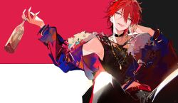 Rule 34 | 1boy, amagi rinne, black background, black tank top, blue eyes, blue jacket, choker, ensemble stars!, ezu (e104mjd), fur-trimmed jacket, fur trim, head rest, highres, jacket, jewelry, looking at viewer, male focus, multicolored background, red background, red hair, ring, short hair, solo, tank top, tongue, tongue out, white background