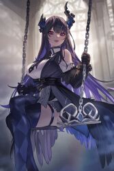 Rule 34 | 1girl, absurdres, aragiken, asymmetrical horns, bare shoulders, black hair, blue hair, blush, breasts, colored inner hair, demon girl, demon horns, fur trim, gloves, hair ornament, highres, hololive, hololive english, horns, large breasts, long hair, looking at viewer, mole, mole under eye, multicolored hair, nerissa ravencroft, nerissa ravencroft (1st costume), red eyes, smile, solo, swing, two-tone hair, uneven horns, very long hair, virtual youtuber
