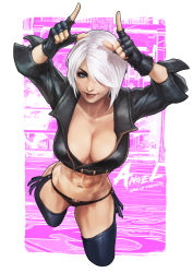 Rule 34 | abs, absurdres, angel (kof), arms up, blue eyes, breasts, chaps, character name, copyright name, cropped jacket, horns pose, fingerless gloves, gloves, hair over one eye, highres, horns pose, index fingers raised, jacket, large breasts, leather, leather jacket, mexico, midriff, monori rogue, navel, smile, snk, solo, stomach, the king of fighters, the king of fighters xiv, thick thighs, thighs, toned, white hair