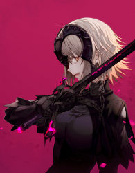 Rule 34 | 1girl, armor, fate/grand order, fate (series), from side, headpiece, highres, holding, holding sword, holding weapon, jeanne d&#039;arc (fate), jeanne d&#039;arc alter (avenger) (fate), jeanne d&#039;arc alter (fate), looking away, maroon background, parted lips, red background, simple background, solo, sword, tongue, tongue out, upper body, wanke, weapon, white hair, yellow eyes