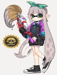 Rule 34 | 1girl, :&lt;, aqua eyes, bad id, bad twitter id, black footwear, black shorts, closed mouth, dolphin shorts, full body, green hairband, hairband, holding, inkbrush (splatoon), inkling, inkling girl, inkling player character, leg up, long hair, long sleeves, looking at viewer, maco spl, nintendo, pointy ears, sheldon (splatoon), shoelaces, shoes, short shorts, shorts, silver hair, sneakers, solo, splatoon (series), splatoon 2, standing, standing on one leg, suction cups, tentacle hair, very long hair, zipper, zipper pull tab