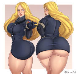 Rule 34 | 1girl, ass, black gloves, blonde hair, blue eyes, breasts, buttons, coat, eyebrows, fur trim, gloves, huge ass, kolin, large breasts, lips, long hair, looking back, rocner, solo, street fighter, street fighter v, thick lips, thick thighs, thighs, twitter username, wavy hair, wide hips, winter clothes, winter coat