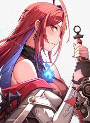 1girl absurdres ahoge blue_fire breasts cleavage earrings elizabeth_rose_bloodflame elizabeth_rose_bloodflame_(1st_costume) fire gloves highres holding holding_sword holding_weapon hololive hololive_english jewelry large_breasts long_hair nurufufufu profile red_eyes red_hair red_nails see-through_cleavage see-through_clothes simple_background single_glove sword virtual_youtuber weapon