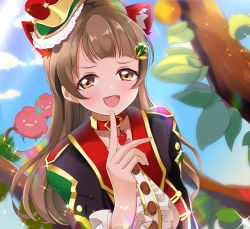 Rule 34 | 1girl, artist name, artist request, blue sky, blush, branch, breasts, brown eyes, brown hair, cloud, collar, collarbone, dress, female focus, frilled shirt, frills, grey hair, hair ornament, hat, highres, ioring studio, jacket, leaf hair ornament, leaf print, light brown hair, long hair, love live!, love live! school idol festival, love live! school idol festival all stars, love live! school idol project, minami kotori, outdoors, parted lips, red collar, shirt, sky, small breasts, smile, solo, sparkle, tree, white shirt