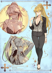 Rule 34 | 1girl, ahoge, artoria pendragon (fate), artoria pendragon (lancer) (fate), black jacket, black pants, blonde hair, braid, breasts, camisole, character name, cleavage, closed mouth, contemporary, fate/grand order, fate (series), french braid, full body, green eyes, hair between eyes, highres, jacket, lace trim, large breasts, long hair, long sleeves, mashuu (neko no oyashiro), multiple views, open clothes, open jacket, pants, ponytail, shirt, sidelocks, smile, strap slip, striped clothes, striped shirt, tying hair, white shirt