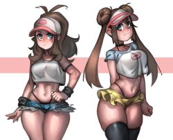 Rule 34 | 2girls, adapted costume, antenna hair, arm behind back, armlet, baseball cap, black legwear, blue eyes, breasts, brown hair, choker, closed mouth, collarbone, cowboy shot, creatures (company), crop top, double bun, game freak, hair bun, hat, highleg, highres, hilda (pokemon), kelvin hiu, large breasts, miniskirt, multiple girls, nintendo, pokemon, pokemon bw, pokemon bw2, ponytail, rosa (pokemon), short shorts, shorts, side-by-side, sidelocks, simple background, skindentation, skirt, smile, standing, stomach, thighhighs, thighs, thong, twintails, visor cap, white background, wristband