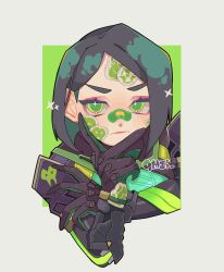 Rule 34 | 1girl, animification, bandaid, bandaid on face, bandaid on nose, black bodysuit, black gloves, black hair, bodysuit, border, colored inner hair, commentary, frown, gloves, green eyes, green hair, grey border, highres, looking at viewer, multicolored hair, nw (qmgi ), short hair, solo, sticker, symbol-only commentary, v, v-shaped eyebrows, valorant, viper (valorant)