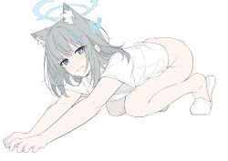Rule 34 | !, 1girl, absurdres, alternate costume, animal ear fluff, animal ears, bad id, bad twitter id, blue archive, blue eyes, blush, bottomless, grey hair, halo, highres, light smile, masabodo, on floor, outstretched arms, shiroko (blue archive), shirt, slippers, smile, solo, stretching, white background, white shirt, wolf ears, wolf girl