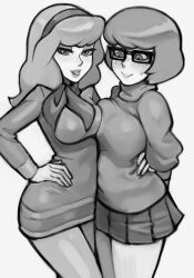 Rule 34 | 2girls, asymmetrical docking, breast press, breasts, commentary, daphne ann blake, dress, freckles, glasses, greyscale, hairband, hand on own hip, highres, large breasts, long hair, loodncrood, medium breasts, medium hair, miniskirt, monochrome, multiple girls, naughty face, neckerchief, nervous, pantyhose, scooby-doo, short dress, skirt, sweatdrop, tongue, tongue out, velma dace dinkley
