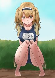 Rule 34 | 1girl, barefoot, blue one-piece swimsuit, blue sky, brown eyes, brown shirt, bush, cloud, day, full body, hairband, highres, i-26 (kancolle), kamaboko senshi, kantai collection, light brown hair, long hair, name tag, new school swimsuit, one-piece swimsuit, outdoors, school swimsuit, shirt, short sleeves, sky, solo, squatting, swimsuit, two-tone hairband, two side up