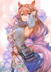 Rule 34 | 1girl, animal ears, armpits, arms up, bag, blue bag, blue bow, blue jacket, bow, braid, breasts, brown hair, commentary request, cowboy shot, detached sleeves, ear bow, floral background, hair between eyes, highres, horse ears, horse girl, horse tail, jacket, large breasts, long hair, multicolored hair, open clothes, open jacket, open mouth, scrunchie, shoulder bag, smile, solo, streaked hair, super creek (umamusume), sweater, tail, umamusume, usapenpen2019, very long hair, white hair, white sweater, wrist scrunchie