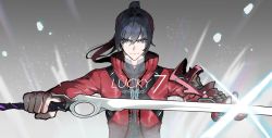 Rule 34 | 1boy, black hair, blue eyes, hair tie, highres, holding, holding sword, holding weapon, jacket, long hair, long sleeves, looking at viewer, lucky seven (xenoblade), male focus, noah (xenoblade), nyantcha, ponytail, red jacket, shirt, solo, sword, weapon, xenoblade chronicles (series), xenoblade chronicles 3