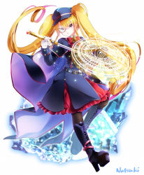 Rule 34 | 1girl, belt, black legwear, blonde hair, boots, bow, cross-laced footwear, full body, hat, hihooo, holding, holding sword, holding weapon, katana, long hair, looking at viewer, magic circle, military, military uniform, monocle, original, platform boots, platform footwear, red bow, simple background, sword, twintails, uniform, very long hair, weapon, white background