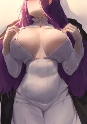 Rule 34 | 1girl, absurdres, black coat, breasts, breasts apart, buttons, coat, coat on shoulders, dress, facing to the side, fern (sousou no frieren), hands up, head out of frame, highres, large breasts, long hair, long sleeves, purple hair, serelith, solo, sousou no frieren, teeth, white dress