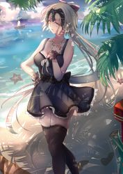 Rule 34 | 1girl, beach, black dress, black thighhighs, breasts, cleavage, closed mouth, cloud, cloudy sky, dress, fate/grand order, fate (series), frilled dress, frills, hair ribbon, headpiece, jeanne d&#039;arc (fate), jeanne d&#039;arc alter (avenger) (fate), jeanne d&#039;arc alter (fate), jewelry, large breasts, long hair, miakiuehashi, necklace, ocean, palms, ribbon, scrunchie, silver hair, skindentation, sky, starfish, thighhighs, tsurime, very long hair, wrist scrunchie, yellow eyes