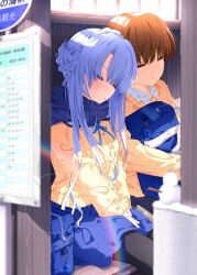 Rule 34 | 1boy, 1girl, absurdres, alternate costume, bag, blue hair, blue ribbon, blue scarf, blue skirt, blurry, blush, braid, brown hair, casual, closed eyes, commentary, couple, crown braid, depth of field, hair between eyes, hair bun, head tilt, heads together, hetero, highres, holding, holding bag, jacket, kyamiuu, lens flare, long hair, long sleeves, neck ribbon, own hands clasped, own hands together, parted lips, rainbow, ribbon, scarf, short hair, shoulder bag, side-by-side, sidelocks, single hair bun, sitting, skirt, sleeping, snowman, sorakado ao, summer pockets, symbol-only commentary, takahara hairi, v arms, very long hair, window shadow, winter, winter clothes, yellow jacket