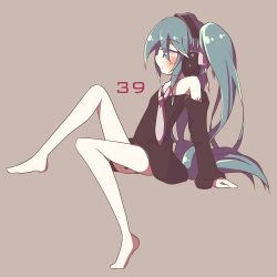 Rule 34 | 1girl, 39, arm support, chaki (chakan), detached sleeves, green eyes, green hair, hatsune miku, headphones, long hair, matching hair/eyes, necktie, simple background, sitting, solo, twintails, very long hair, vocaloid