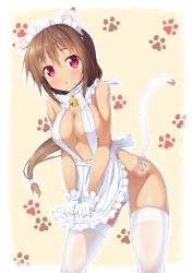 Rule 34 | 1girl, :o, animal ears, apron, apron tug, bell, blush, bow, breasts, brown hair, cat ears, cat tail, cleavage, collar, cowboy shot, dark-skinned female, dark skin, gloves, hair bow, kazuma (kazumav), lace, lace-trimmed legwear, lace trim, large breasts, long hair, looking at viewer, low ponytail, maid headdress, maou no shimobe ga arawareta!, nearly naked apron, neck bell, open mouth, original, panties, parted lips, paw print, purple eyes, red eyes, side-tie panties, skindentation, solo, sweatdrop, tail, tareme, thighhighs, underwear, white gloves, white panties, white thighhighs