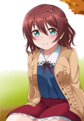 Rule 34 | 1girl, alternate hairstyle, aqua eyes, artist request, autumn, autumn kitchen (love live!), autumn leaves, bare legs, blouse, blue dress, blue eyes, blue shirt, blush, bow, bowtie, braid, breasts, brown hair, brown jacket, brown ribbon, buttons, close-up, collarbone, crown braid, curly hair, dress, emma verde, female focus, freckles, frilled skirt, frills, grass, hair between eyes, hair ribbon, half updo, highres, jacket, long hair, long sleeves, looking at viewer, love live!, love live! nijigasaki high school idol club, love live! school idol festival, love live! school idol festival all stars, medium breasts, miniskirt, neck ribbon, on grass, parted lips, plaid, plaid skirt, pleated, pleated skirt, red bow, red hair, red ribbon, red skirt, ribbon, shirt, skirt, smile, solo, tree, white background