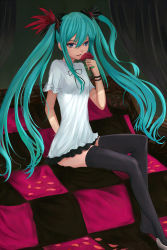 Rule 34 | 1girl, ??? (sdg19881022), black thighhighs, blue eyes, blue hair, hatsune miku, highres, long hair, looking at viewer, parted lips, short sleeves, sitting, smile, solo, thighhighs, twintails, vocaloid, world is mine (vocaloid)