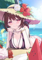 Rule 34 | 1girl, bangle, bare shoulders, bikini, black bikini, blue sky, bracelet, breasts, brown hair, brown hat, character request, cleavage, closed mouth, cloud, cloudy sky, commentary request, day, flower, food, fruit, guardian tales, hat, hat flower, highres, horizon, innkeeper loraine, jewelry, large breasts, long hair, o-ring, o-ring bikini, o-ring top, ocean, outdoors, plate, red eyes, red flower, see-through, sky, smile, solo, straw hat, swimsuit, tam-u, watermelon, watermelon slice, white flower