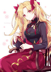 Rule 34 | 1girl, blonde hair, bow, breasts, chair, character name, earrings, ereshkigal (fate), fate/grand order, fate (series), hair bow, highres, jewelry, kak hac, long hair, long sleeves, looking at viewer, medium breasts, nail polish, parted bangs, red bow, red eyes, red nails, sitting, two side up, white background