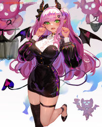Rule 34 | 1girl, black bow, black dress, black footwear, black panties, black thighhighs, blunt bangs, blush, bow, breasts, camisole, canking, clothes hanger, creature, cup, demon girl, demon horns, demon tail, demon wings, dress, ear piercing, green eyes, hair bow, hair ornament, hairclip, hands up, horns, large breasts, leg up, long hair, long sleeves, looking at viewer, nail polish, open mouth, original, panties, piercing, pink hair, pointy ears, puffy long sleeves, puffy sleeves, purple nails, simple background, single thighhigh, solo, standing, standing on one leg, tail, teeth, thigh strap, thighhighs, underwear, upper teeth only, white background, wings
