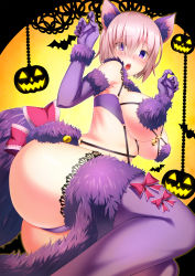 Rule 34 | 1girl, animal ears, ass, bat (animal), blush, breasts, claw pose, elbow gloves, emanon123, fate/grand order, fate (series), fingernails, fur trim, gloves, hair over one eye, halloween costume, highres, jack-o&#039;-lantern, large breasts, looking at viewer, mash kyrielight, mash kyrielight (dangerous beast), official alternate costume, open mouth, panties, paw pose, purple eyes, purple gloves, purple hair, purple panties, purple thighhighs, sharp fingernails, short hair, solo, tail, thighhighs, underwear, wolf ears, wolf tail