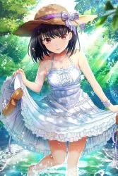 Rule 34 | 1girl, absurdres, alternative girls, bare shoulders, black hair, blush, bow, bracelet, breasts, collarbone, dappled sunlight, day, dress, fingernails, frilled dress, frills, hat, hat bow, highres, jewelry, lavender ribbon, leaf, looking at viewer, medium breasts, no shoes, official art, onitsuka chiho, outdoors, parted lips, purple bow, red eyes, short hair, smile, solo, splashing, sun hat, sunlight, tree, wading, water, white dress