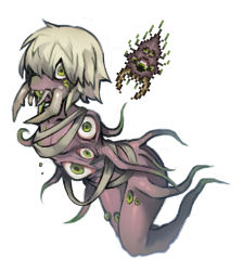 Rule 34 | 1girl, amputee, breasts, colored nipples, commentary, eater of souls, eldritch abomination, english commentary, eyeball, fangs, green hair, looking at viewer, monster girl, nyong nyong, personification, rags, reference inset, short hair, simple background, small breasts, solo, spikes, terraria, white background
