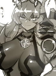 Rule 34 | 1girl, aoba (smartbeat), armor, bare shoulders, breasts, dress, earrings, barghest (fate), barghest (second ascension) (fate), fate/grand order, fate (series), gauntlets, greyscale, highres, horns, jewelry, large breasts, long hair, looking at viewer, monochrome, necklace, pauldrons, shoulder armor, sideboob, single gauntlet, single pauldron, smile, solo