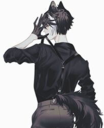 Rule 34 | 1boy, animal ears, black gloves, black hair, black shirt, covered mouth, cowboy shot, from behind, gloves, grey pants, hair between eyes, half gloves, highres, holostars, jackal boy, jackal ears, jackal tail, kageyama shien, looking at viewer, looking back, male focus, momiage 40, multicolored hair, pants, shirt, short hair, simple background, sleeves rolled up, solo, suspenders, suspenders pull, tail, two-tone hair, virtual youtuber, white background, white hair, yellow eyes