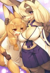 Rule 34 | 2girls, animal ears, blonde hair, blush, breasts, bright pupils, cleavage, clothes lift, eyebrows, fang, fat, fox ears, fox tail, furry, furry female, hair over shoulder, hand on another&#039;s head, huge breasts, kishibe, koko (kishibe), long hair, looking at viewer, multiple girls, no pants, open mouth, original, purple eyes, red eyes, shirt lift, short sleeves, sweatdrop, tail, thick eyebrows